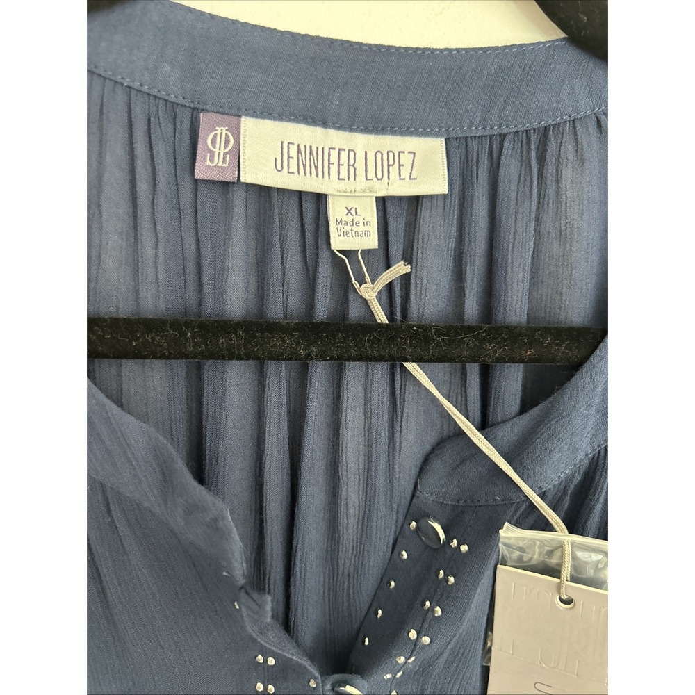 Jennifer Lopez Women's XL NWT Navy Studded Chiffon Long Sleeve Blouse 100% Rayon - Picture 2 of 11